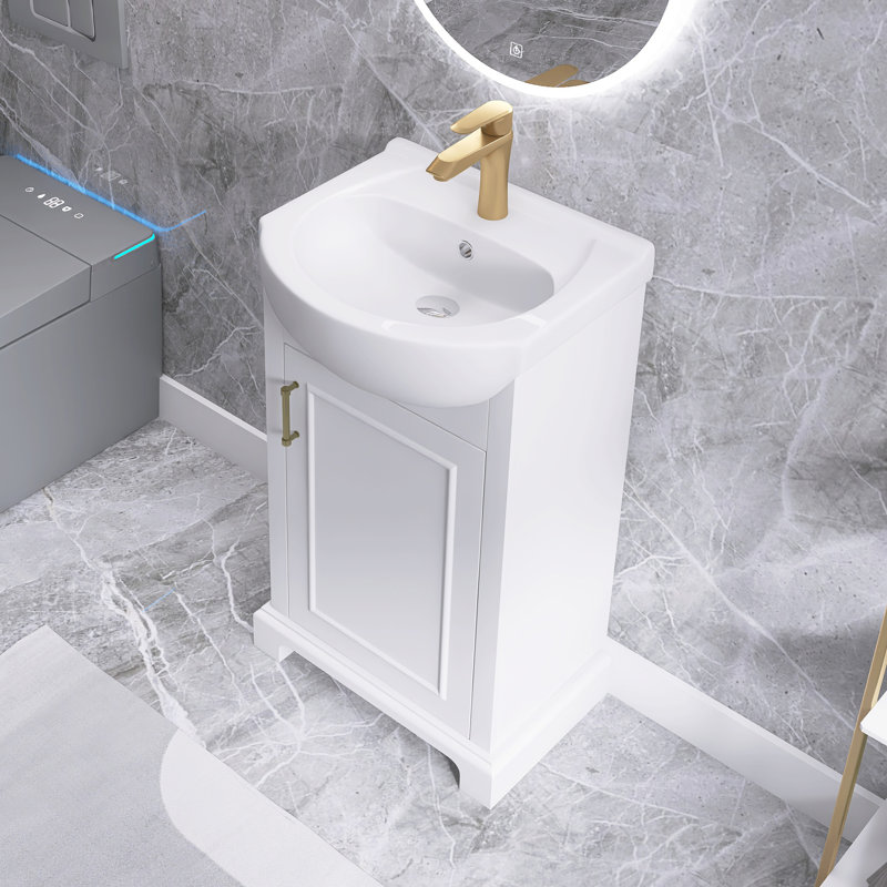 Meuble-lavabo autoportant blanc de 20 po avec lavabo en céramique, avec porte à fermeture en douceur et lavabo en céramique bombé