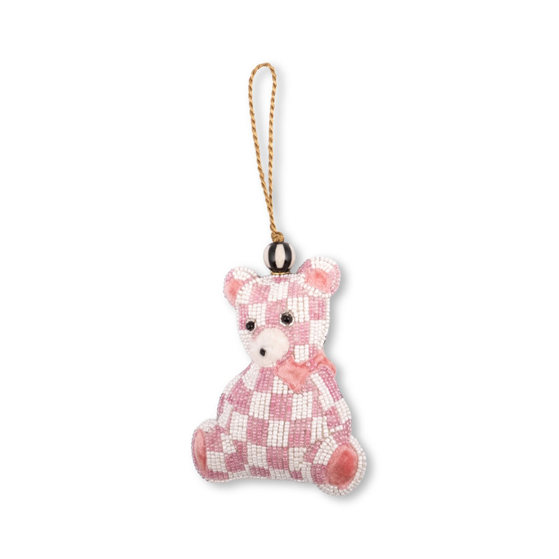 Mocha Check Bear Beaded Ornament, Pink/White