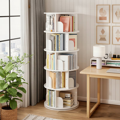 5 Tier 360° Rotating Bookshelf Tower - Space-Saving Round Spinning Display Shelf for Bedroom/Living Room/Office/Home