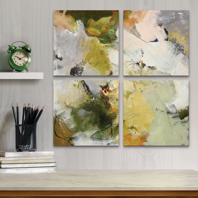 Ensemble de 4 panneaux muraux - Design Fabrikken «Evergreen 2», art mural sur toile pour le salon, la chambre à coucher ou le bureau 