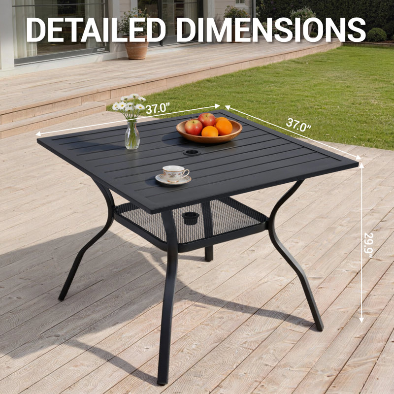 37" Outdoor Dining Table for 4, Metal Square Patio Dining Table with Adjustable Umbrella Hole for Garden, Backyard and Porch, Black