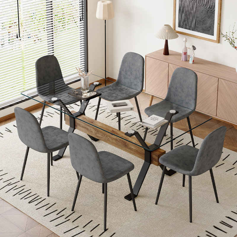 71'' Clear Glass Top Dining Table with Brown Faux Leather Chairs