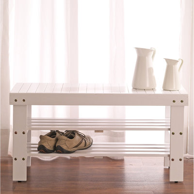 Banc à chaussures en bois massif blanc avec tablette, finition facile à assembler et utile