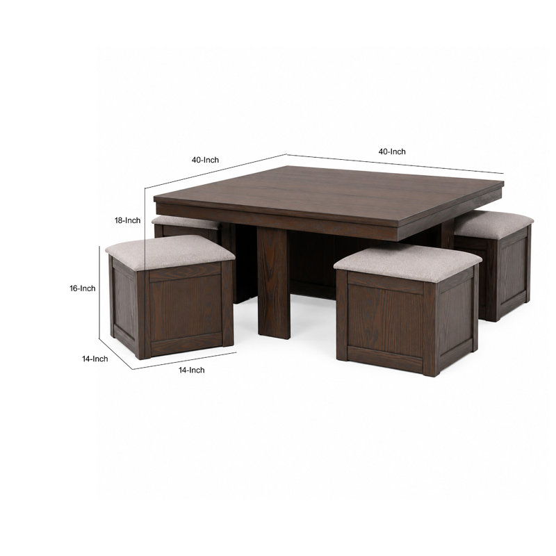Table basse Pax 5 pièces avec pouf de rangement 4 pièces, siège en polyester gris, bois brun