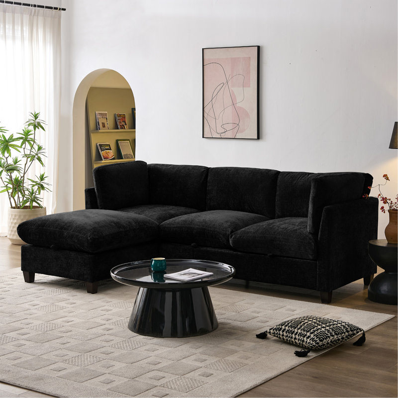 Canapé modulaire 96,5 po pour salon, canapé rembourré en tissu de chenille doux, canapé 3 places avec repose-pieds en L noir