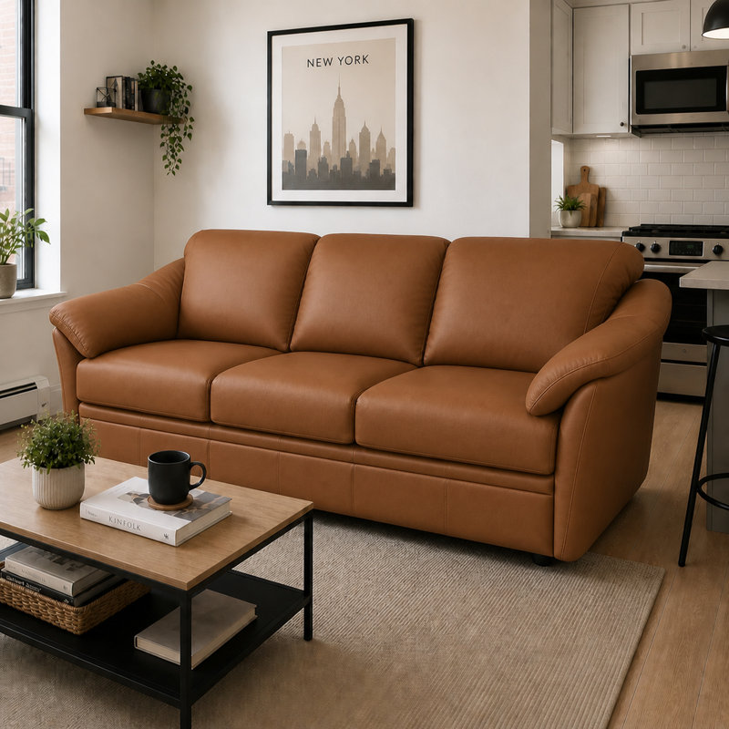 Ramdev Top Grain Leather Sofa with Top Pillow Arm in Cedar Color, Cedar Genuine Leather, Sofa