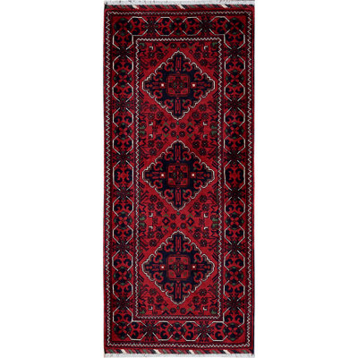 Tapis Khamyab afghan 2 pi 3 po x 5 pi avec motif de médaillons géométriques rouge, noué à la main, laine douce, colorants végétaux, tapis court et étroit, tapis oriental