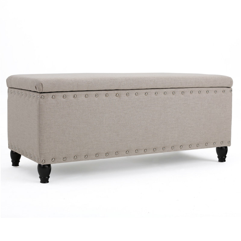 Banc de rangement avec repose-pieds clouté Sharon, tissu beige, 42 po, Beige