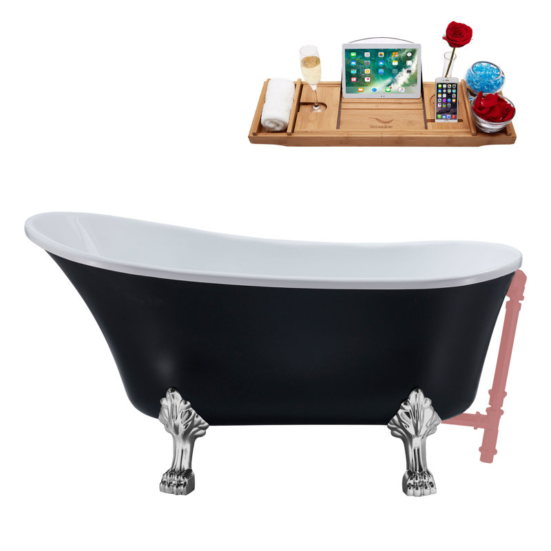 55" Streamline Clawfoot Soaking Acrylic Bathtub With Drain, Clawfeet, and Bamboo Tray, Polished Chrome, Matte Pink
