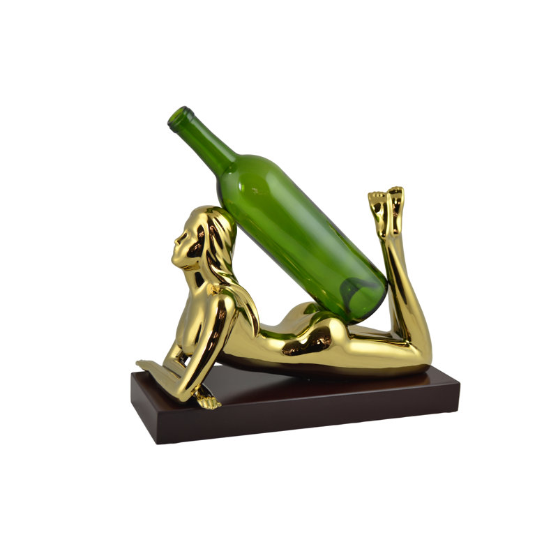Porte-bouteille en or poli 13 po sur socle en bois