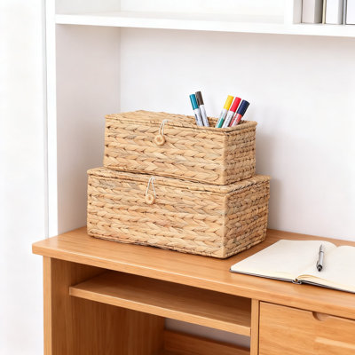 Set Of 2 Rectangular Woven Rattan Storage Bins With Lids, Natural Water Hyacinth Decorative Organizer Boxes For Home Shelf And Multipurpose Use