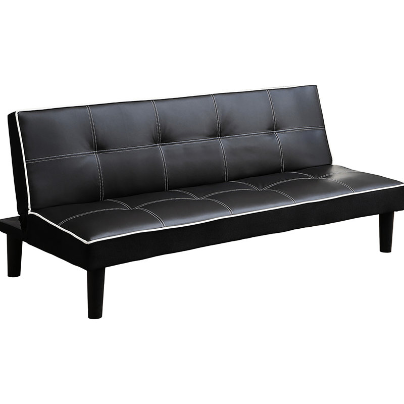 Lit rembourré sans accoudoirs noir avec passepoil contrasté, dossier rabattable à plat, cadre séché au four et pieds fuselés confortables pour un usage familial.
