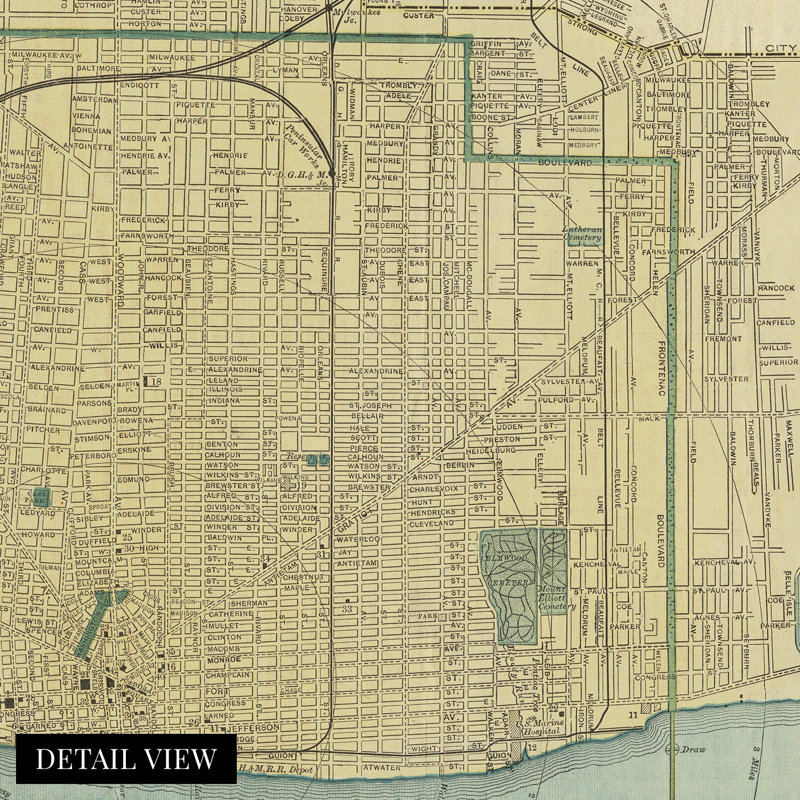 1895 - Carte de Détroit, Michigan, H 24 po x l 36 po
