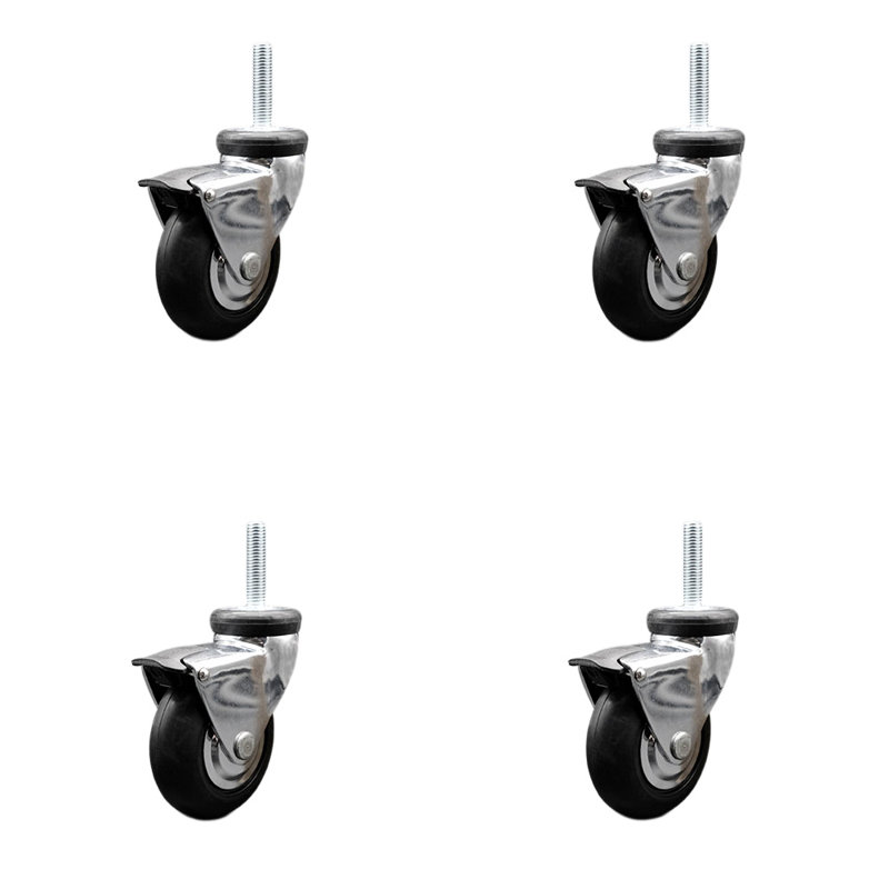 3 Inch Hooded Neoprene Rubber 12mm Threaded Stem Casters with Brakes Set 4 SCC