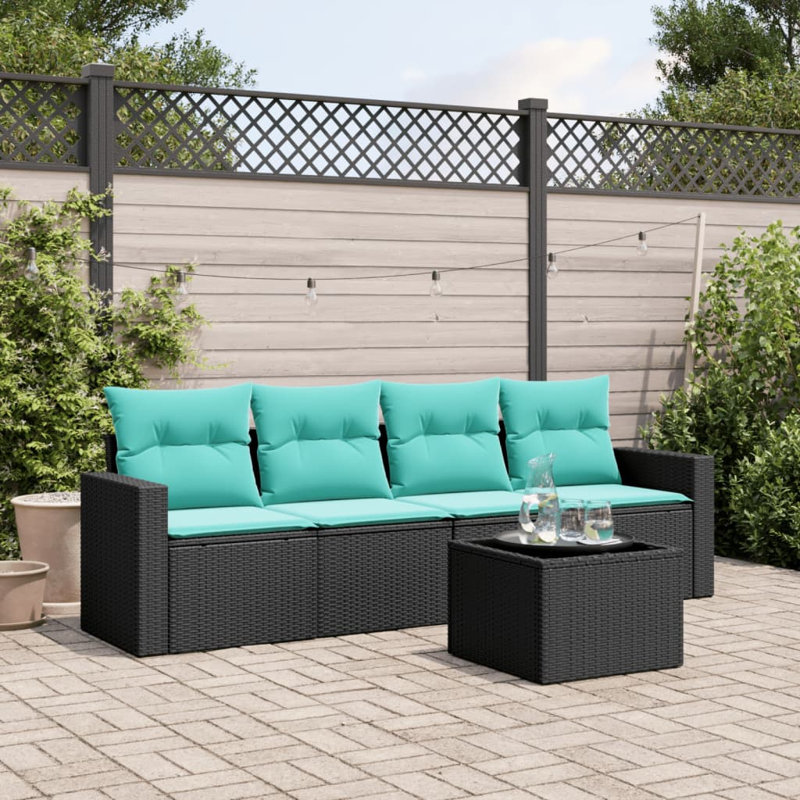 Ensemble de canapé de patio 5 pièces avec coussins en rotin de polyester, Bleu clair, Noir