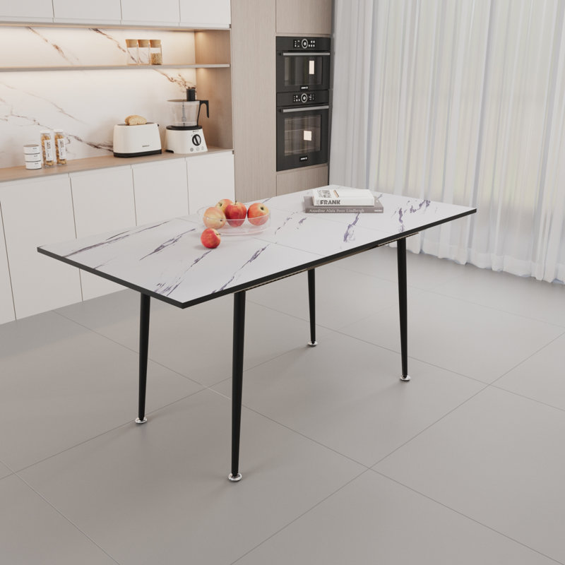 47" Expandable To 63" Inch MDF Square White Marble Patterned Dining Table, Modern Industrial Kitchen And Dining Table, Equipped With Tapered Black Metal Legs