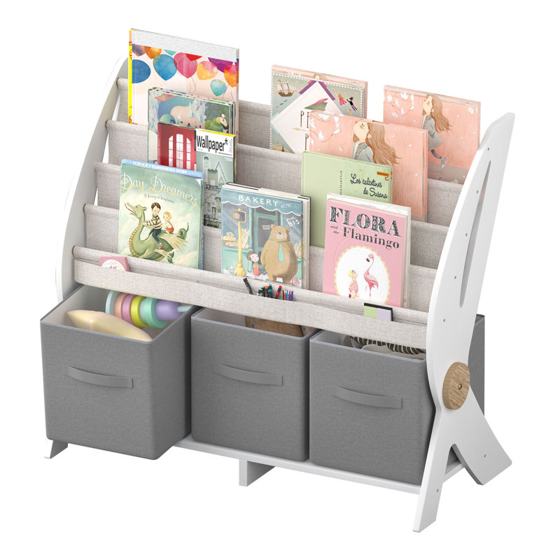 Alexine 3 in 1 Kids Bookshelf and Toy Storage Organizer, 4 Tier Wooden Kids Montessori Bookcase, 31.5'' H X 35.4'' W X 17.5'' D