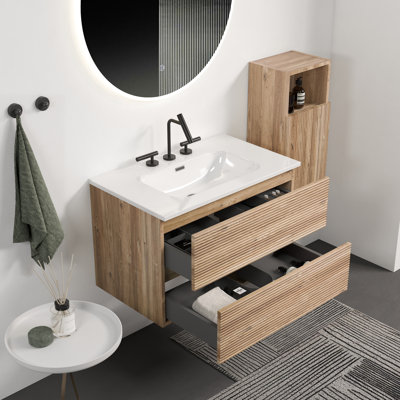 Meuble-lavabo flottant 30 po en chêne brut, lavabo à 3 trous, tiroirs doubles, 20% plus de rangement, coulisses silencieuses, meuble-lavabo mural 45 po