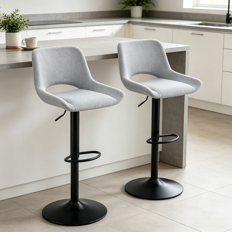 Ensemble de 2 tabourets de bar pivotants réglables en lin gris clair à dossier creux avec base en métal noir pour 250 lb