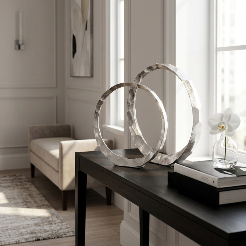 Modern Textured Metal Ring Sculpture Set of 2 – Decorative Objects for Home Decor, Kitchen Decor, and Decorations for Living Room – Contemporary Statues, Figurine Accents, and Shelf Display