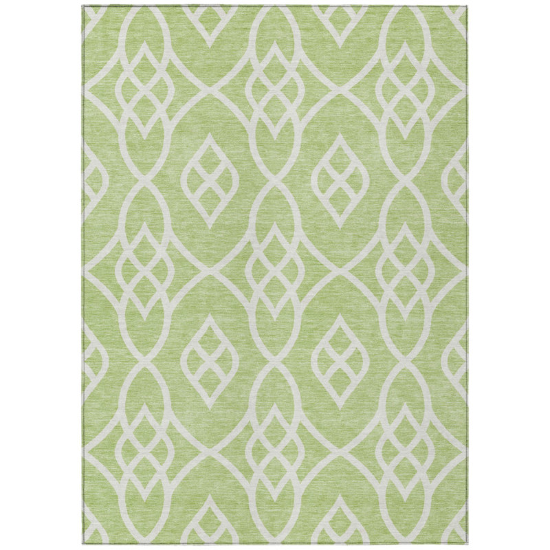 3' X 5' Artichoke Green And Ivory Trellis Washable Indoor Outdoor Area Rug