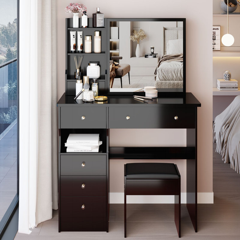 Table de meuble-lavabo de 37 po avec tabouret rembourré, tiroir de 37 po de taille moyenne, très grand miroir coulissant à droite, rangement multi-couches à grande capacité, commode pratique et tendance pour les grands espaces
