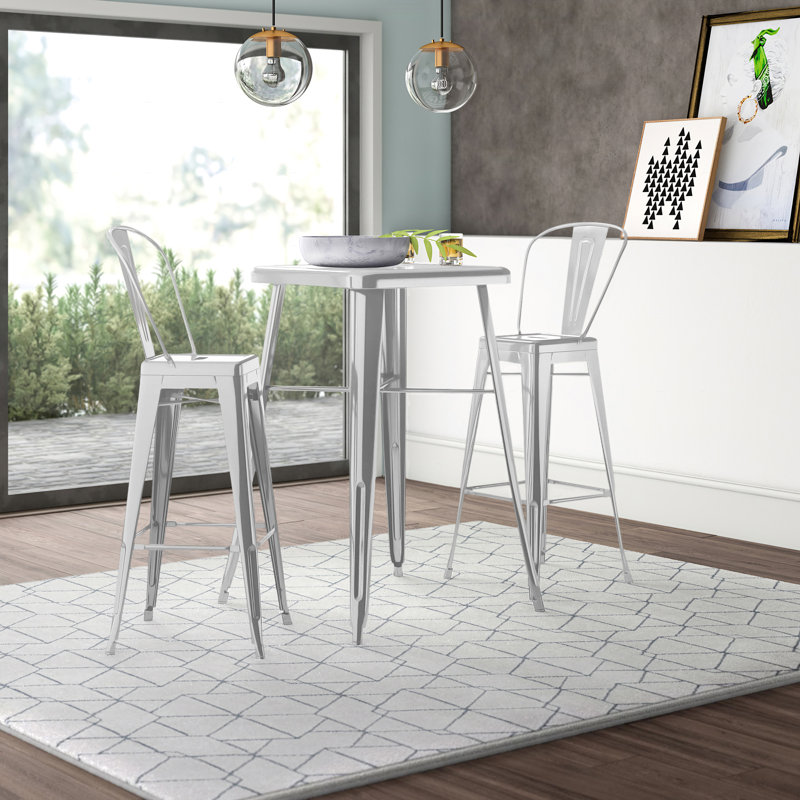 Toquerville Square Metal Indoor-Outdoor Bar Table Set with 2 Stools with Backs, Silver