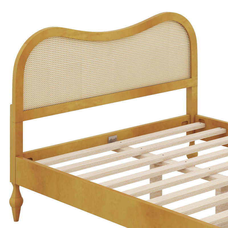 Lit plateforme en bois avec tête de lit, base de lit en rotin avec pieds en bois, Naturel