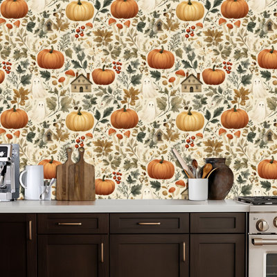 Papier peint auto-adhésif Peel and Stick Cozy Fall Forest Pumpkin Acorn Ghost 24 po x 118 po