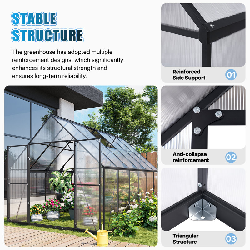 8 ft. W x 12 ft. D Black Aluminum Frame Greenhouse, Polycarbonate Walk-In Garden Hot House With Double Sliding Doors & 2 Adjustable Roof Vents