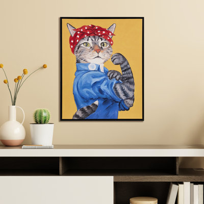 S Indoor Cat Wall Decor 16.5"W X 20.5", A Portrait Of With Polka Bandanna In Black Frame, Hangers For Simple Installation Red Dots Installed
