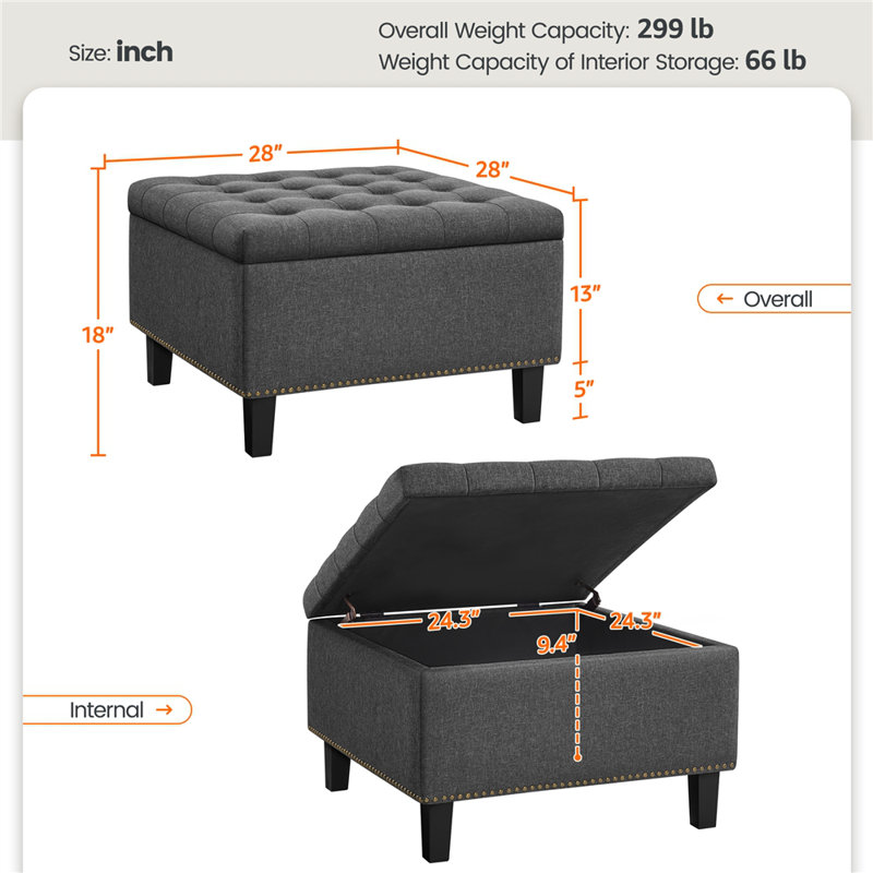 Banc de rangement rembourré Riella, H 18 po x l 28 po x P 28 po