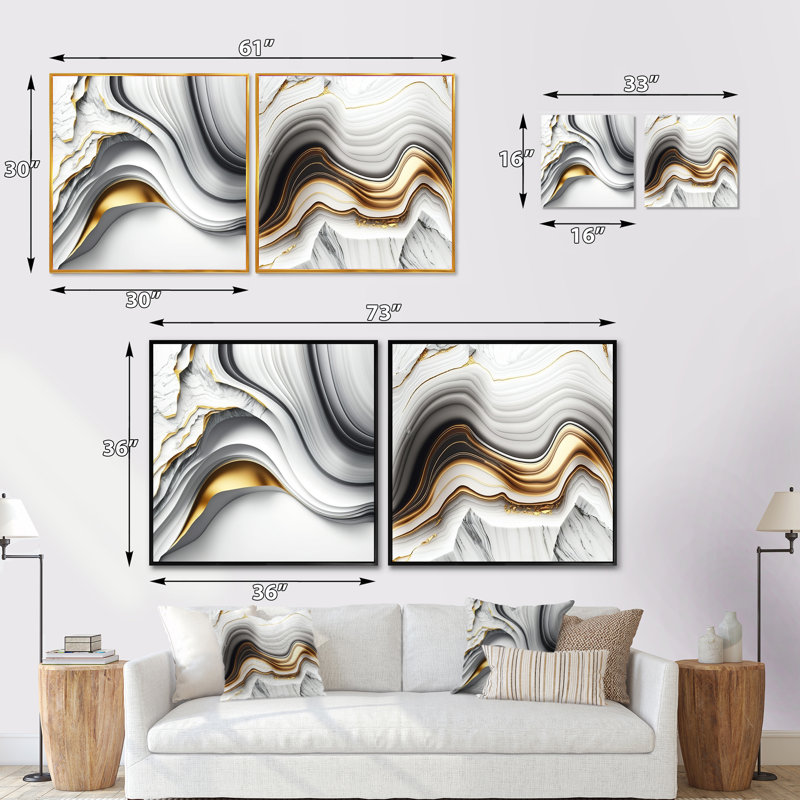 Abstrait géométrique vagues grises - ensemble de 2 collages carrés abstraits, Cadre flottant noir, H 16 po x l 33 po