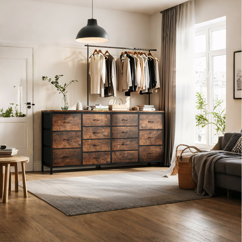  Long 14 Drawer Dresser TV Console, Power Outlets, 63” Storage Chest for Bedroom, Brown
