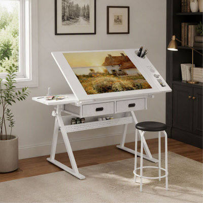 Adjustable Drafting Table, with 2 Drawers & Stool, for Home Office or School