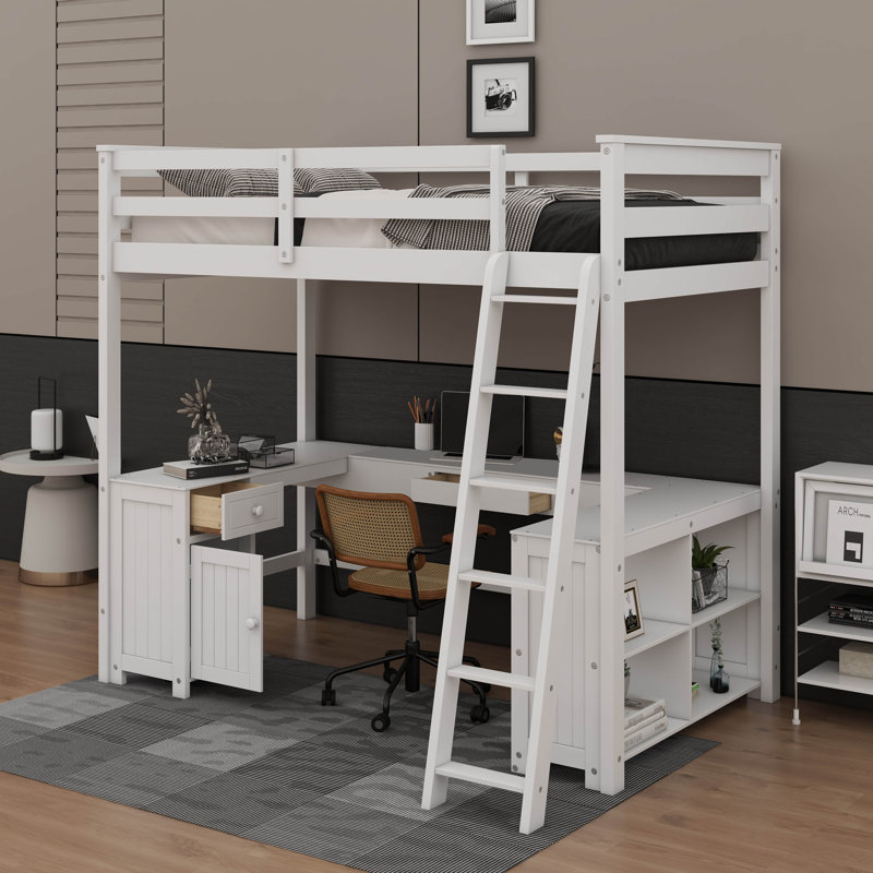 Full Size Loft Bed With Desk, Drawers And Shelves, White
