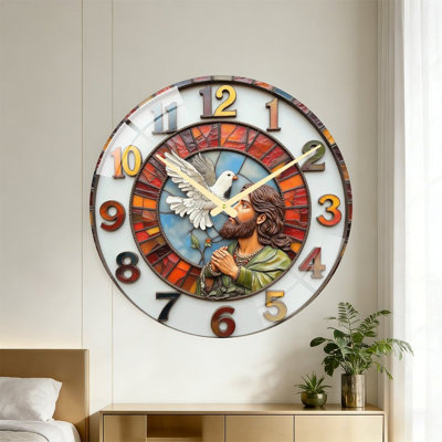 Stained Glass Decorative Wall Clock with Dove Design Art - 24‘’ Modern Glass Wall Clock