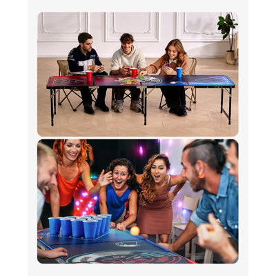 8 Foot Portable Beer Pong Table, Foldable Tailgate Table with Carrying Handles and 6 Pong Balls, LED Lights, Adjustable Height, Lightweight Table for Office, Tailgate Party, Travel & Camping