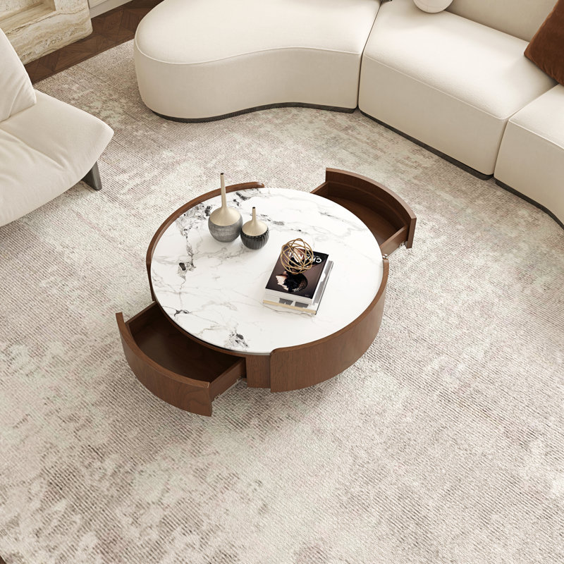 Table basse de 36,31 po avec plateau en pierre et tiroirs de rangement, table basse en bois pour le salon