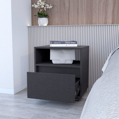 Élégante table de chevet noire avec 1 tiroir et une mobilité pratique pour une chambre à coucher élégante