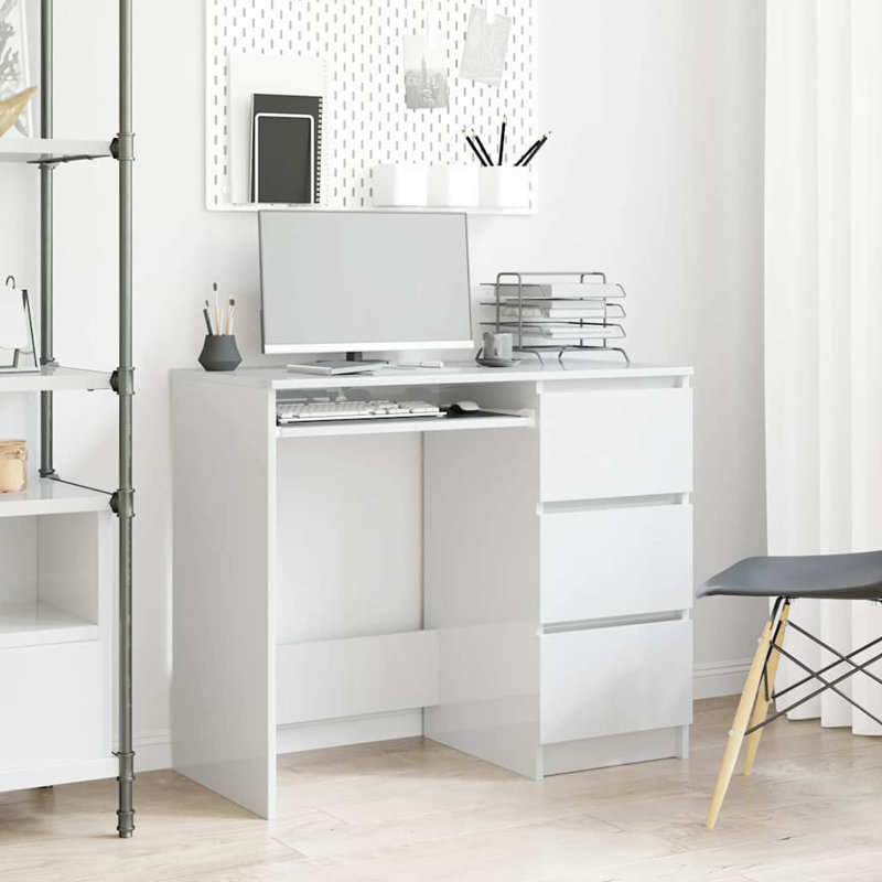 Bureau d'ordinateur avec tiroir en bois d'ingénierie, Blanc lustré