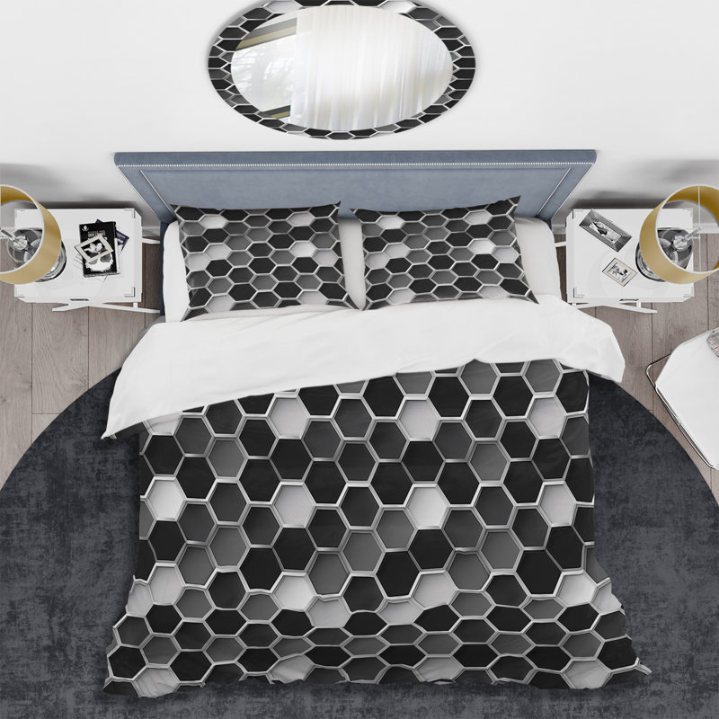 Ensemble de housse de couette moderne gris hexagonal blanc, Housse de couette très grand et 2 très grandes t