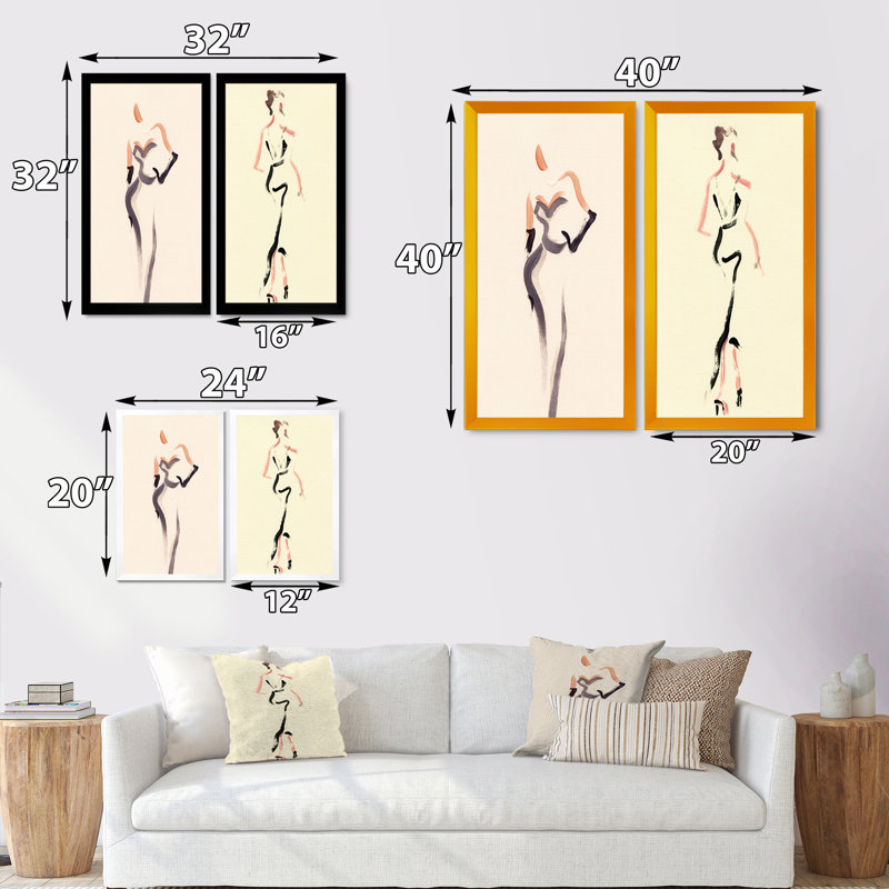 «Fashion Woman Line Art X», ensemble de 2 peintures sur toiles, H 32 po x l 32 po x P 1 po, Cadre photo noir