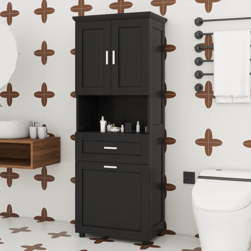 Tall Bathroom Cabinet With Laundry Basket, Freestanding Cabinet With Doors, Storage Space Tilt-Out Laundry Hamper, Black
