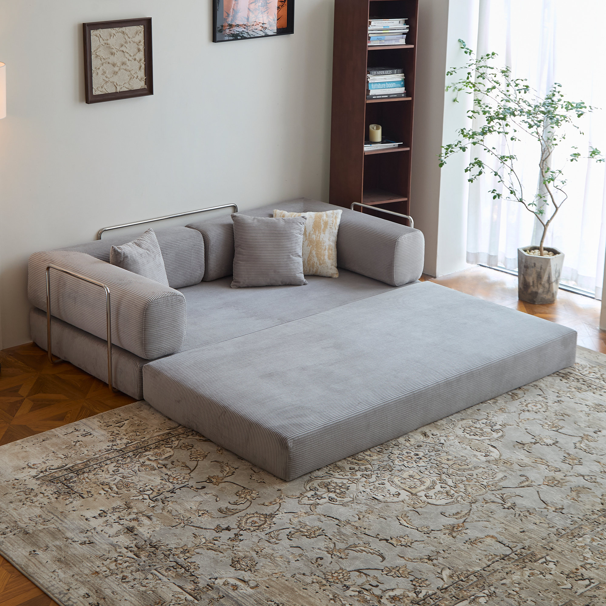 Fold Out Modular Sofa Bed Convertible Floor Sofa Couch Corduroy Folding Mattress Lounge Couch for Livingroom Bedroom Office No Assembly Required with Fixed-Shape Frame