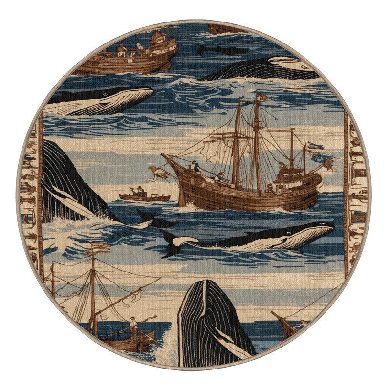 Washable Whaling scenes Nautical Area Rug, Round 6'