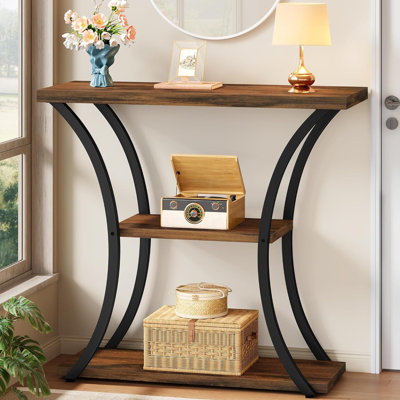 Retro Brown-Black Narrow Entryway Table, Three-Tiered Wooden Open Shelf, Curved Metal Frame, Suitable For Entryways, Living Rooms, And Hallways.