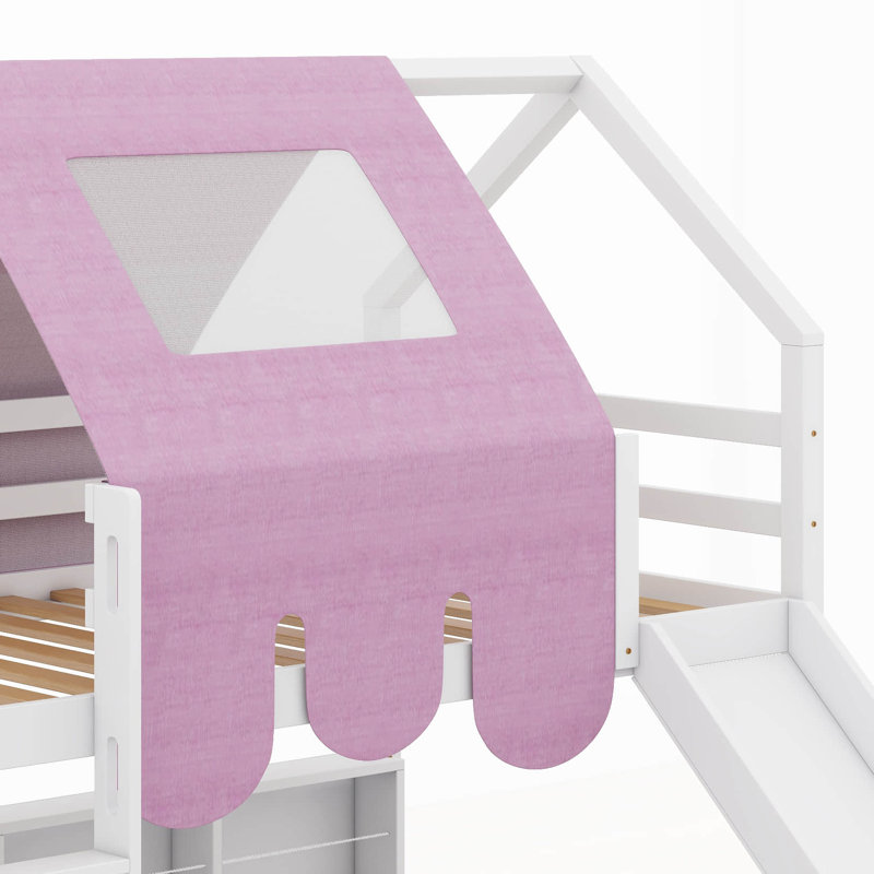 Structure de lit simple en forme de mezzanine en bois avec tente et base de lit en bois, Blanc / rose