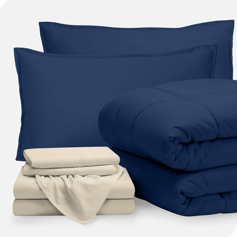 Microfiber Bed-In-A-Bag, Dark Blue/Sand, Full XL Comforter + 6 Additional Pieces