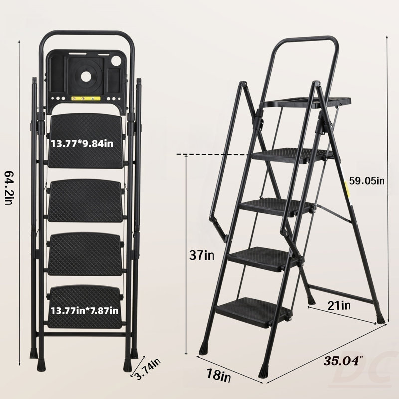 Échelle à 4 marches, escabeau pliant avec pédales larges antidérapantes, poignée souple, pieds antidérapants, fabrication en acier robuste, échelle en acier d'une capacité de 330 lb, convient à la maison et au bureau